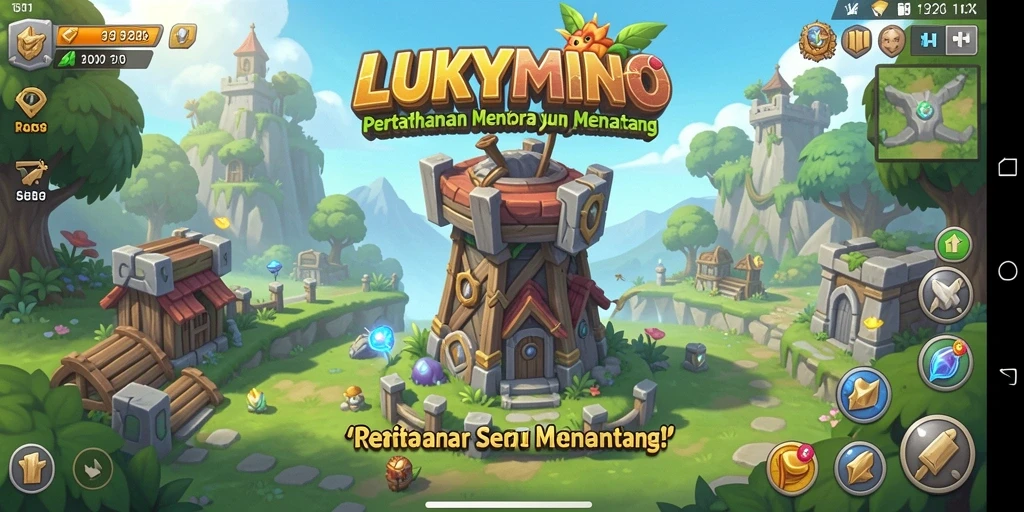 Tampilan screenshot gameplay LUKYMINO menampilkan aksi menara yang mendebarkan.