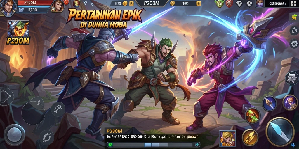 Gambaran gameplay seru dalam pertarungan MOBA di P200M.