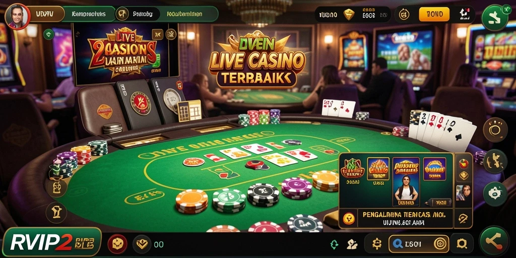 Screenshot gameplay RVIP2 menampilkan dealer langsung dan interaksi pemain.