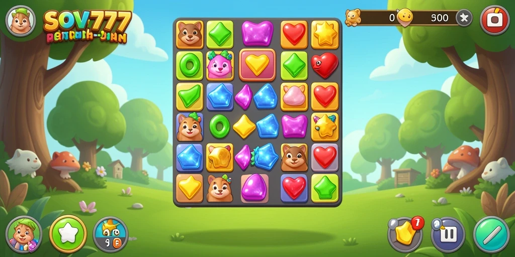Screenshot permainan SOV777 menunjukkan gameplay Match-3 yang seru.